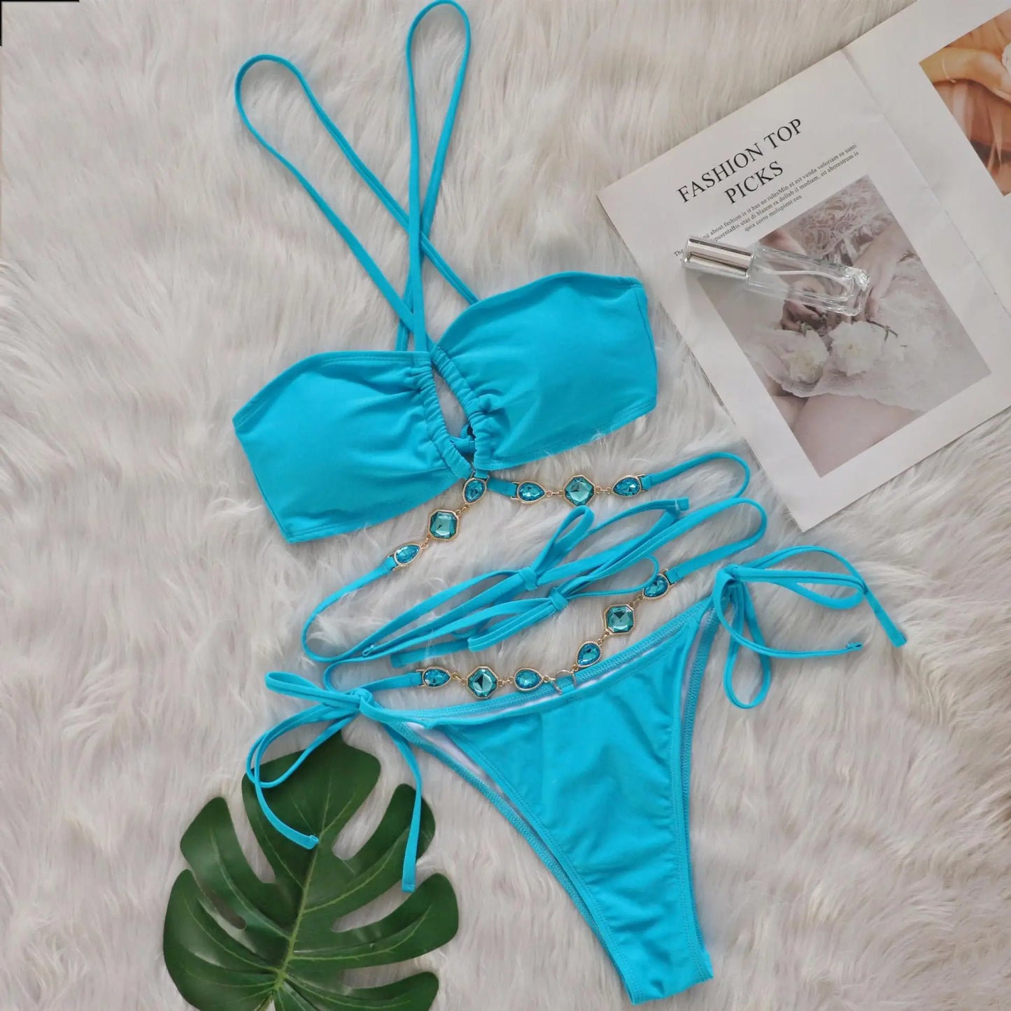 Women Pink Sexy Bikinis Swimsuit With Rhinestones