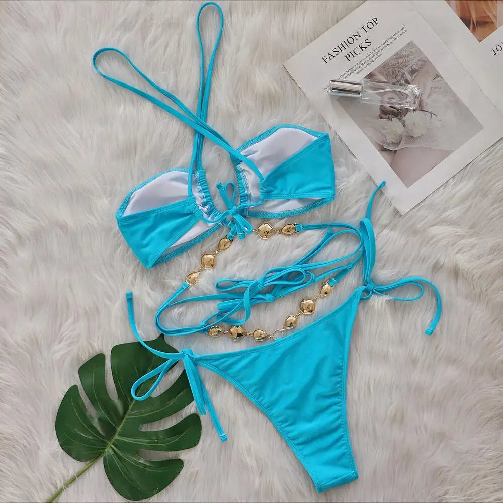 Women Pink Sexy Bikinis Swimsuit With Rhinestones
