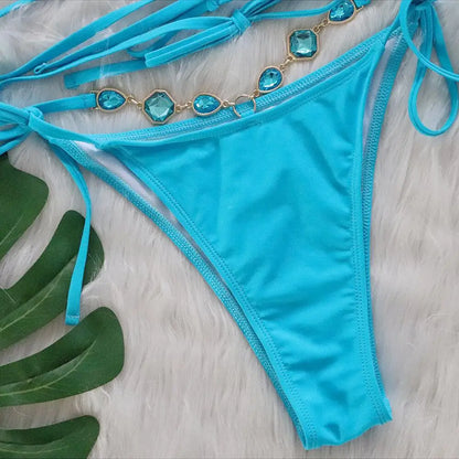 Women Pink Sexy Bikinis Swimsuit With Rhinestones